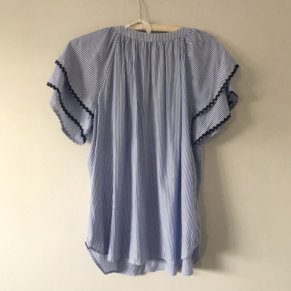 Striped Tassel Tie Flutter Sleeve Top - Light Blue - Picture 8 of 8